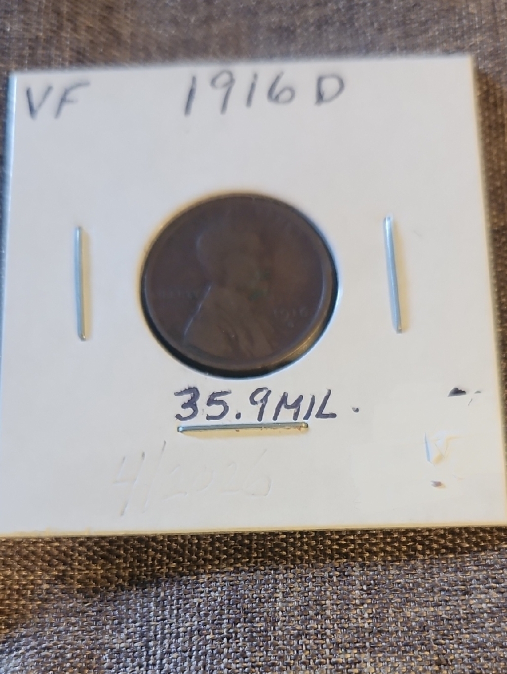 1916-D Lincoln Wheat Cent in White Card Holder - Brown